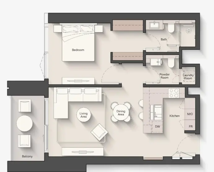 an image of 1BR floor plan in Eltiera Views by Ellington